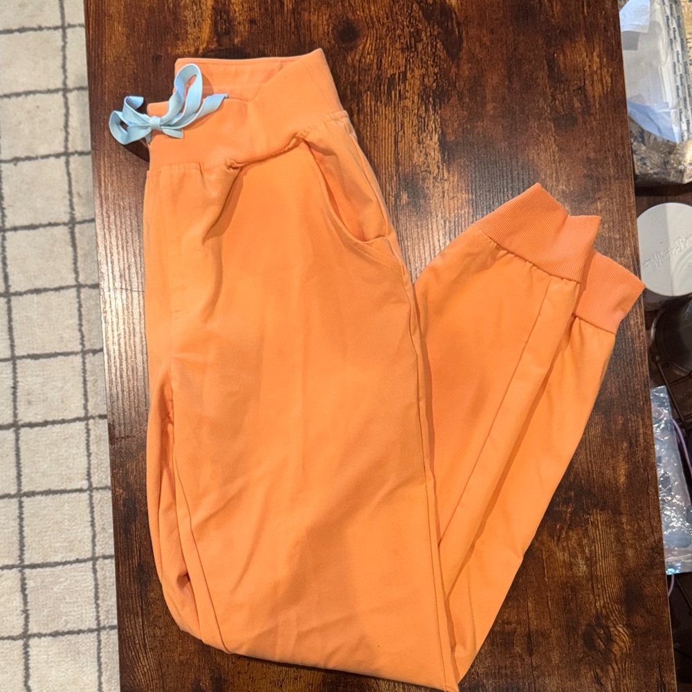 Figs Orange scrubs, high waisted with Blue Accents